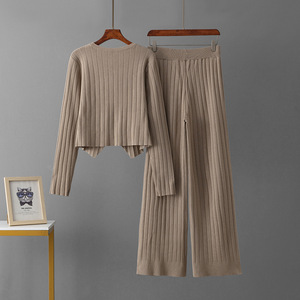 Nouveautés Ensemble Pull en Viscose Tricoté à Col Rond et Manches Longues pour Femme de Bureau, Cardigan et Manteau Boutonné Respirant à Jambes Larges - Product Image 5