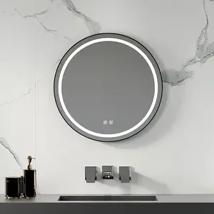 Miroir de salle de bains antibuée rond, noir, populaire, avec lumière led, bluetooth, miroir de salle de bains, 2 pièces
