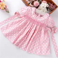 B031253 neonato vestiti di estate del bambino del vestito del bambino di rosa collare del peter pan dot smock fatto a mano per bambini abiti