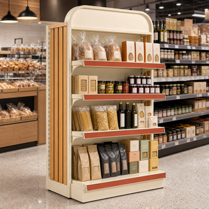 Klantspecifieke supermarkt eindkap displayrek metalen winkelrekken met verstelbare planken en houten zijpanelen OEM ODM - Product Image 2