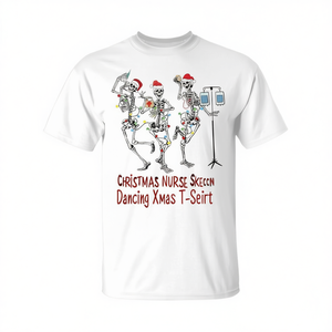 Maglietta natalizia con stampa di un infermiera scheletro che balla, bianca, unisex per adulti, idea regalo per le feste. - Product Image 3