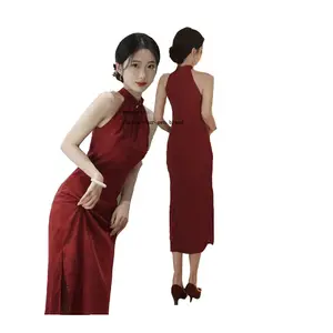 Ecoparty çin geleneksel kırmızı ince yan yarık kolsuz Cheongsam elbiseler kadın gelin gelinlik Modern Qipao