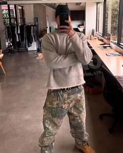 Customized Raw Edge Hem Long Sleeve T-shirt Cotton French Terry Oversize Round Crew Neck Blank Plain <strong>Crewneck</strong> <strong>Sweatshirt</strong> for <strong>Men</strong> - Product Image 2