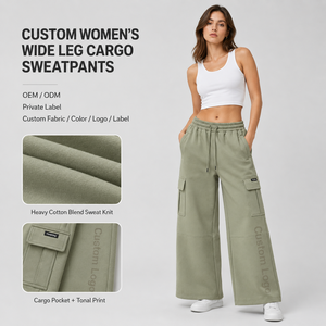 Pantaloni Cargo da Donna all'Ingrosso, in Maglia, a Gamba Larga, con Coulisse, Vita Elastica, Tasche e Stampa Tonal, Casual - Product Image 1