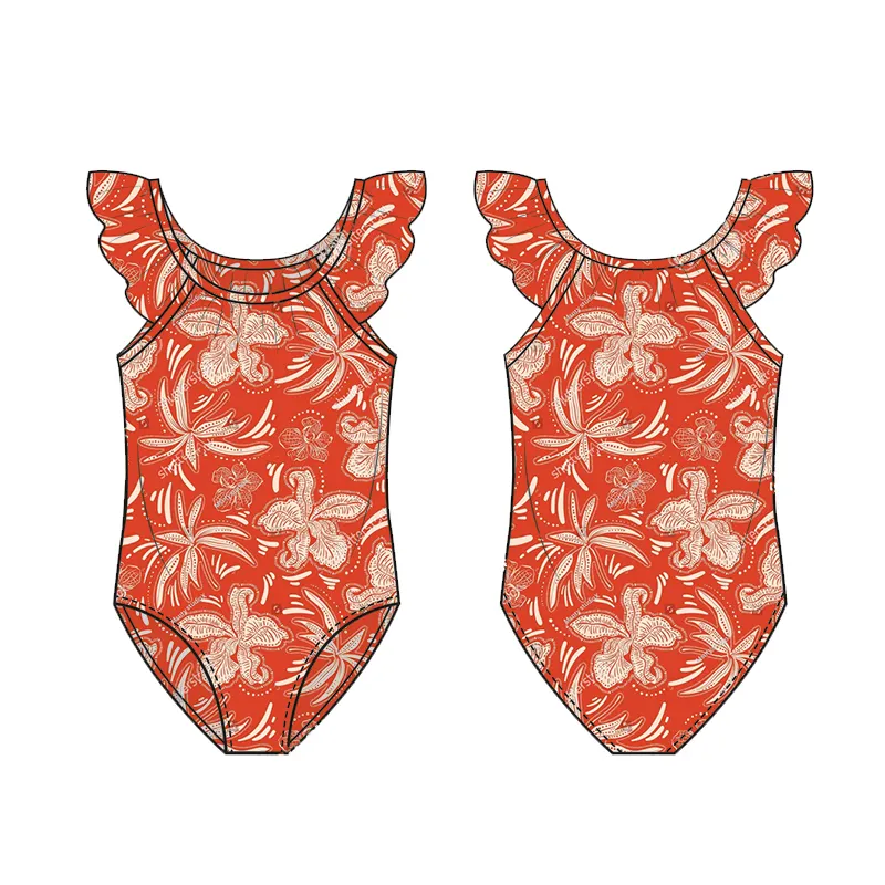 Custom Printed Pleated Edge One Piece Lovely Girl Super Bikini Swimwear Summer Girls Bathing Suit