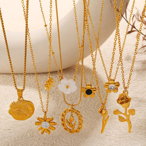 Collier avec pendentif fleur en alliage de zinc, serti de pierres, bijoux tendance pour femmes - Product Image 1