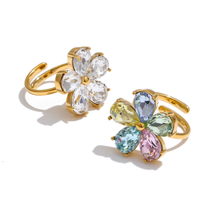 JINYOU 5951 <span class=keywords><strong>Anello</strong></span> Romantico a Fiore in Acciaio Inossidabile Placcato Oro 18K <span class=keywords><strong>con</strong></span> <span class=keywords><strong>Zirconi</strong></span> <span class=keywords><strong>Colorati</strong></span> Taglio a Pera, <span class=keywords><strong>Anello</strong></span> Floreale Aperto Regolabile - Product Image 1