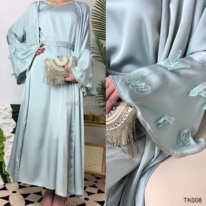 Conjunto de Abaya Informal Musulmana para Mujer <span class=keywords><strong>Habib</strong></span>, Satén, 2 Piezas, Manga Acampanada, Azul Cielo, Abaya Abierta, Venta al Por Mayor - Product Image 4