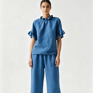 Blus Wanita dengan Kerah dan Lengan Berumbai dalam Warna Solid dengan Potongan Longgar dan Lengan Mengembang Atasan Kemeja Blus Sehe Fashion - Product Image 4