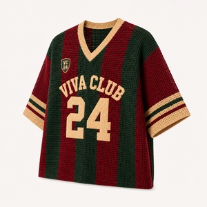 Pull en jersey tricoté au crochet personnalisé pour femme, col en V, rayé, manches courtes, coupe oversize, avec nom et numéro de pays - Product Image 5
