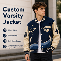 Veste universitaire à étiquette privée pour homme, bleu marine et blanc, patchwork, broderie graphique, streetwear lourd, veste universitaire décontractée