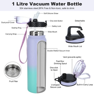 Bouteille d'eau sport en acier inoxydable 1000 ml au design classique, double paroi isolée sous vide, nouveau style, revêtement poudré - Product Image 3