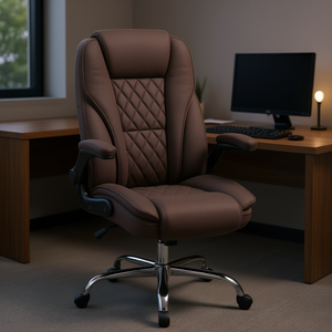 Silla de Escritorio Ejecutiva, Cuero PU Marrón, Tela con Diseño de Diamantes, Reposabrazos Ajustables, Silla Giratoria de Oficina para Uso Doméstico - Product Image 2