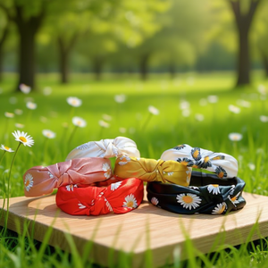 Diadema de satén con nudo de margarita de 3 cm, accesorio para el cabello con estampado floral para mujeres y niñas - Product Image 3