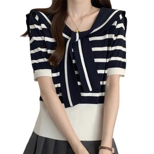 Haut court à manches courtes en soie glacée rayé noir et blanc, nouvelle collection été 2025, tricot fin et ample à col unique - Product Image 5