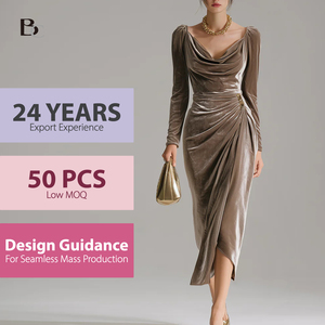 <span class=keywords><strong>Abito</strong></span> <span class=keywords><strong>Midi</strong></span> in <span class=keywords><strong>Velluto</strong></span> Elegante e Drappeggiato di Alta Qualità, Produzione OEM/ODM, Edizione Limitata, Basso MOQ 50 Pezzi per Donna - Product Image 1