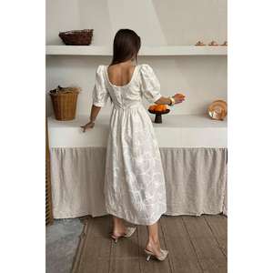 Wholesale ODM Elegant Casual Beige <b>Dress</b> with Balloon Sleeve Embroidery Peter Pan Collar Floor-Length <b>Sexy</b> Summer XS Size - Product Image 1