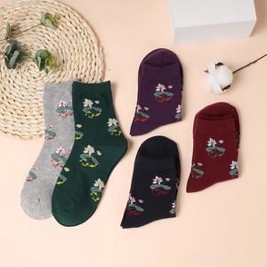 Zhuji Women's Crew Socks Mid-Calf Jacquard Floral Pattern Anti-Bacterial For Spring Autumn Elderly Mothers - Product Image 2