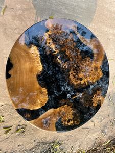 Mesa de centro de resina con forma redonda, tablero de madera maciza y base de metal dorado. Precio al por mayor, contacte ahora. - Product Image 4