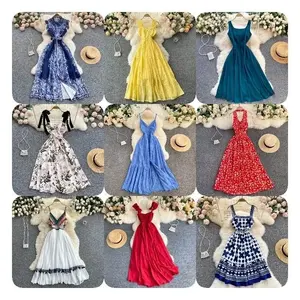 factory wholesale at a low price European and American summer new print dress bow tie tie with bubble sleeve waist loose skirt