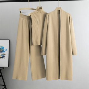 Ensemble de vêtements en tricot pour femmes, cardigan long, gilet à col haut, pantalon large, tenue trois pièces, mode printemps automne - Product Image 5