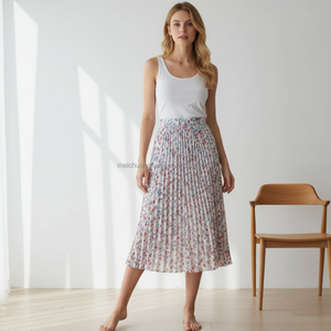 กระโปรงชีฟองพลีทพิมพ์ลายดอกไม้แบบกำหนดเองสำหรับผู้หญิง สวมใส่สบายๆ ในชีวิตประจำวัน - Product Image 3
