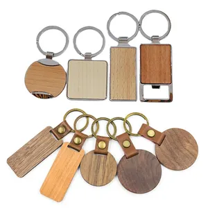 Wood And Leather Keychain Custom Print Logo Round Metal Plain Bottle Opener Keychain Wooden Keyring Wood Keychain For Engraving