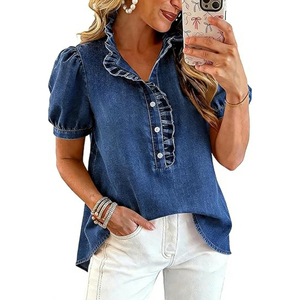 <span class=keywords><strong>Chemise</strong></span> en <span class=keywords><strong>jean</strong></span> 100 % coton pour <span class=keywords><strong>femme</strong></span>, décontractée, à volants, boutonnée, style chemisier, manches courtes bouffantes, été 2026 - Product Image 2