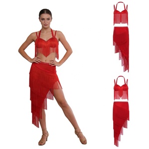 Traje de Baile Latino con Flecos de Pedrería para Mujer, Dos Piezas, Top Halter, Falda Asimétrica con Volantes, para Samba, Rumba, Competición, Personalizado - Product Image 2