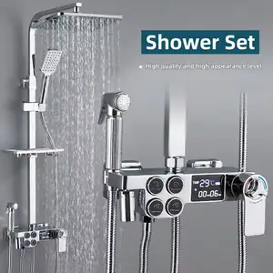Juego de mezclador de ducha de baño con pantalla Digital de latón inteligente, juego de mezclador de cabezal de ducha de cascada de 4 funciones creativo moderno