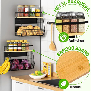Cross-border wooden <b>kitchen</b> <b>storage</b> <b>rack</b>, wrought iron and wooden <b>storage</b> <b>rack</b>, wall-mounted vegetable and fruit <b>storage</b> - Product Image 1