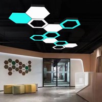 Lampu Gantung LED Heksagonal Persegi Modern, Tinggi Dapat Disesuaikan, Logam Hitam untuk Gedung Perkantoran