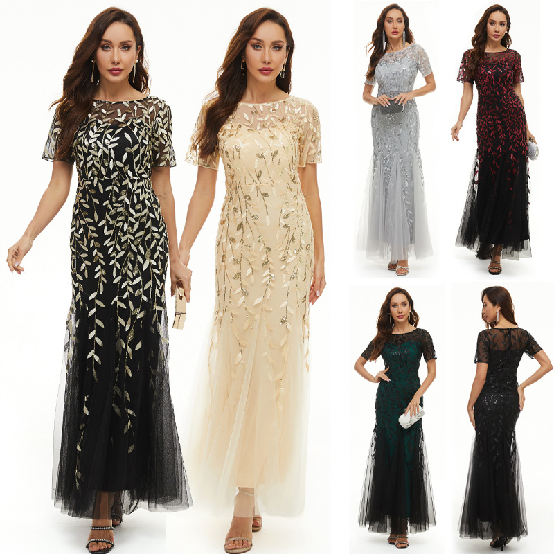 Vestidos de lujo LD101 para mujer, vestidos de noche, vestidos de dama de honor ajustados de manga corta bordados con lentejuelas, Vestido largo de fiesta de sirena