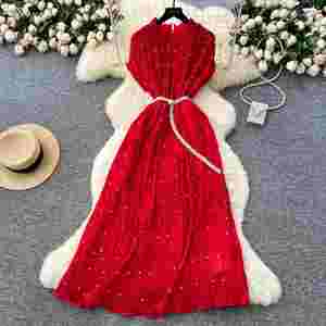 Vestido Midi Plisado con Cuentas y Encaje Estilo Túnica Romana para Mujer, Verano 2025 - Product Image 1