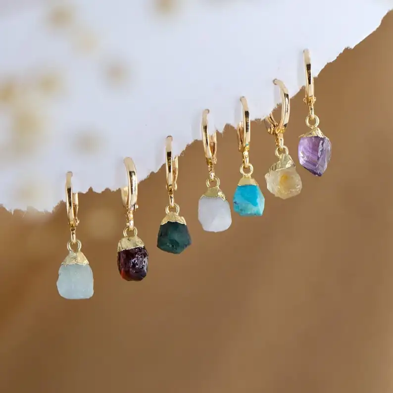 Minimalist Raw Crystal Charm Earrings Raw quartz Crystal Hoop Earrings Dainty Small Birthstone Jewelry