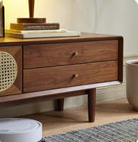 Mueble de TV Moderno de Mediados de Siglo, Madera Sólida con Panel de Mimbre, Almacenamiento, Mueble para Sala de Estar, Diseño de Montaje en Suelo
