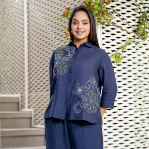 Conjunto de Pantalón y Camisa de Rayón y Lino Azul Marino de Alta Calidad Premium, Ropa al por Mayor para Mujer - Product Image 6