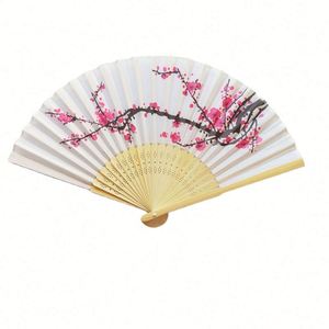 Éventail japonais en satin blanc à motif floral, cadre en bambou, art populaire sculpté, souvenirs de mariage – I AM YOUR FANS - Product Image 1