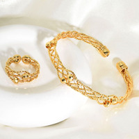 Nouveau Design Parure de Bijoux de Mariée Style Dubaï Plaqué Or 24 carats, Ensemble Bracelet et Bague 2 en 1, Bijoux de Mariée Arabes de Luxe pour Femme