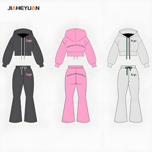 Conjunto de <span class=keywords><strong>Sudadera</strong></span> Corta con Cremallera y Pantalones Acampanados, Conjuntos Deportivos Personalizados, Conjunto Deportivo Vintage, Ropa Urbana, Conjunto de 2 Piezas, Chándales para Mujer - Product Image 1
