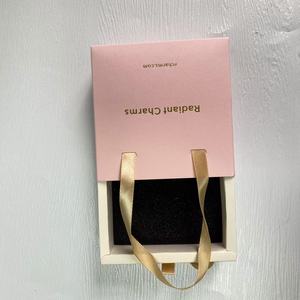 Elegant <b>Pink</b> Ribbon Pull Drawer Jewellery Box, Custom Printed Gold Foil Rigid Slide <b>Gift</b> Box For Jewelry Brand Packaging - Product Image 2
