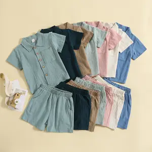 Summer Solid Color Cotton Linen Shorts And T Shirt Kids Clothing Sets Button Closure Baby Boys Clothing Sets 1 2 3 4 5 Years Old