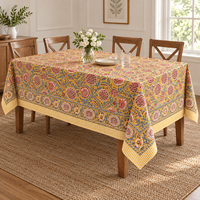 Nappe rectangulaire 100 % coton imprimée au bloc, motif floral botanique jaune, pour table à manger
