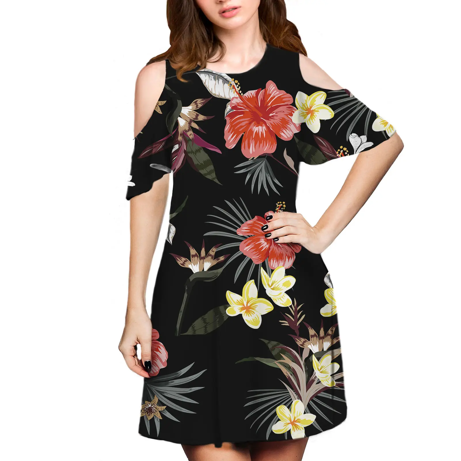 Hawaiian Hibiscus Plume ria Palmblätter Polynesisches Sommerkleid Frauen Abend Kurzarm Kalt schulter T-Shirt Loses Kleid