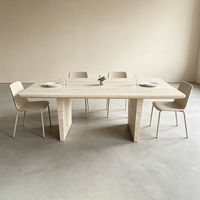 Table à manger en travertin beige Dream Home, table rectangulaire en marbre à coins arrondis, plateau en pierre massif, pieds en pierre pour maison moderne