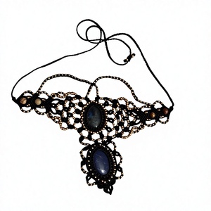 Collar con Colgante Vintage de Aleación Negra con Bisel de Piedra Natural Ovalada Azul, Joyería de Moda para Mujer - Product Image 1