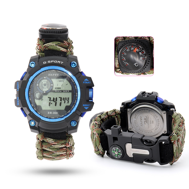 Multifunction Tacticlal Survival Watch Paracord Bracelet Sport Watch Camouflage Strap With Compass and Flint Stone