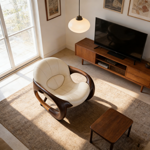 Fauteuil d'appoint incurvé de luxe <span class=keywords><strong>moderne</strong></span> - Revêtement en cuir de qualité supérieure avec structure en bois de noyer massif - Product Image 3