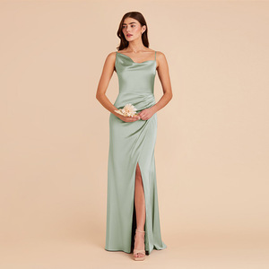 Vestido de satén con abertura alta y tirantes sin espalda, elegante vestido de dama de honor para boda - Product Image 3