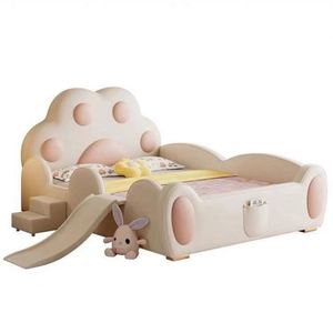 Girls Cute Cat Paw Princess Daybed <b>with</b> <b>Slide</b> Guardrail Cotton Upholstery Wooden Full Comfortable Modern Minimalist Bedroom Kids - Product Image 3